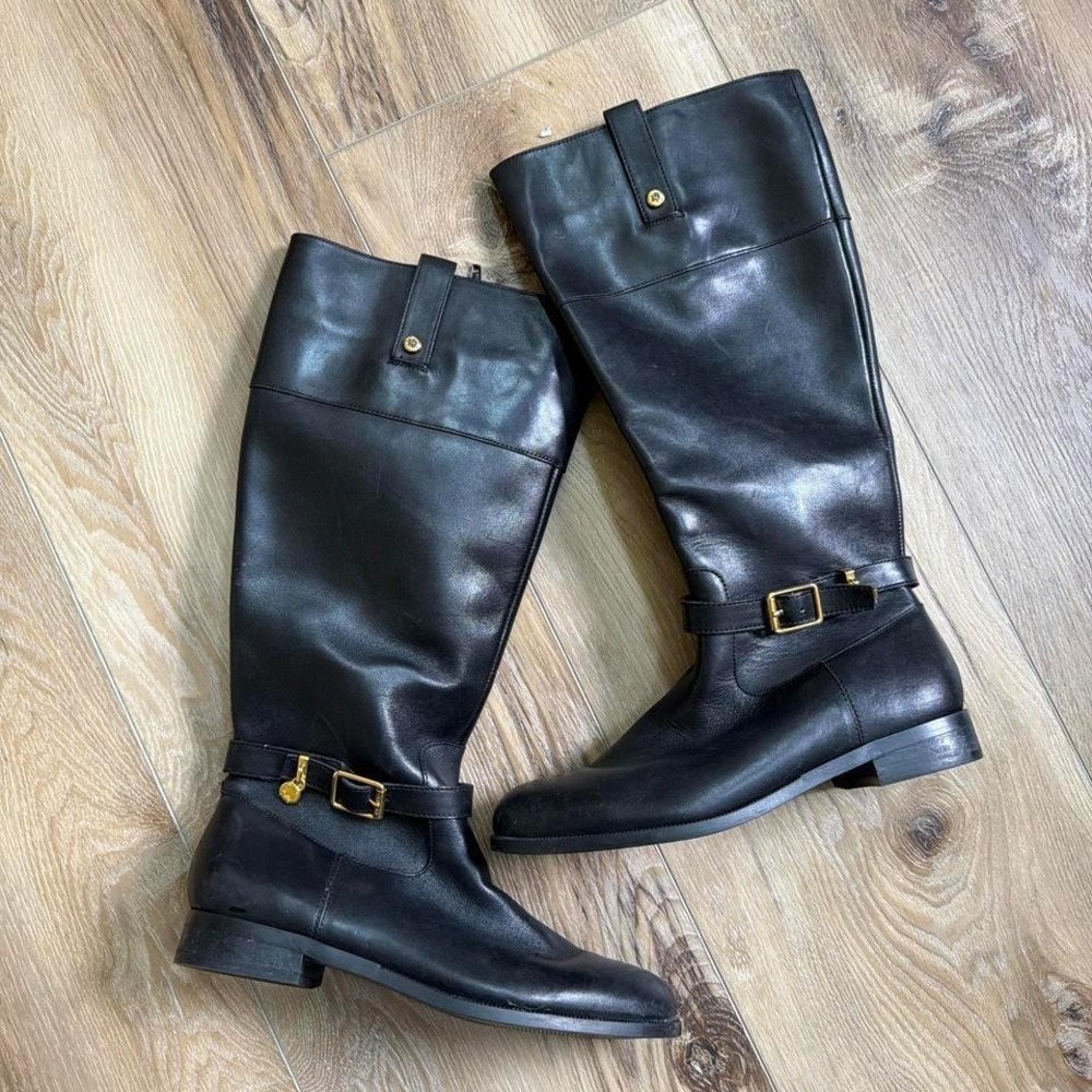 Lauren Ralph Lauren Black Leather Tall Knee High Riding Boots Gold Buckle SZ 6.5